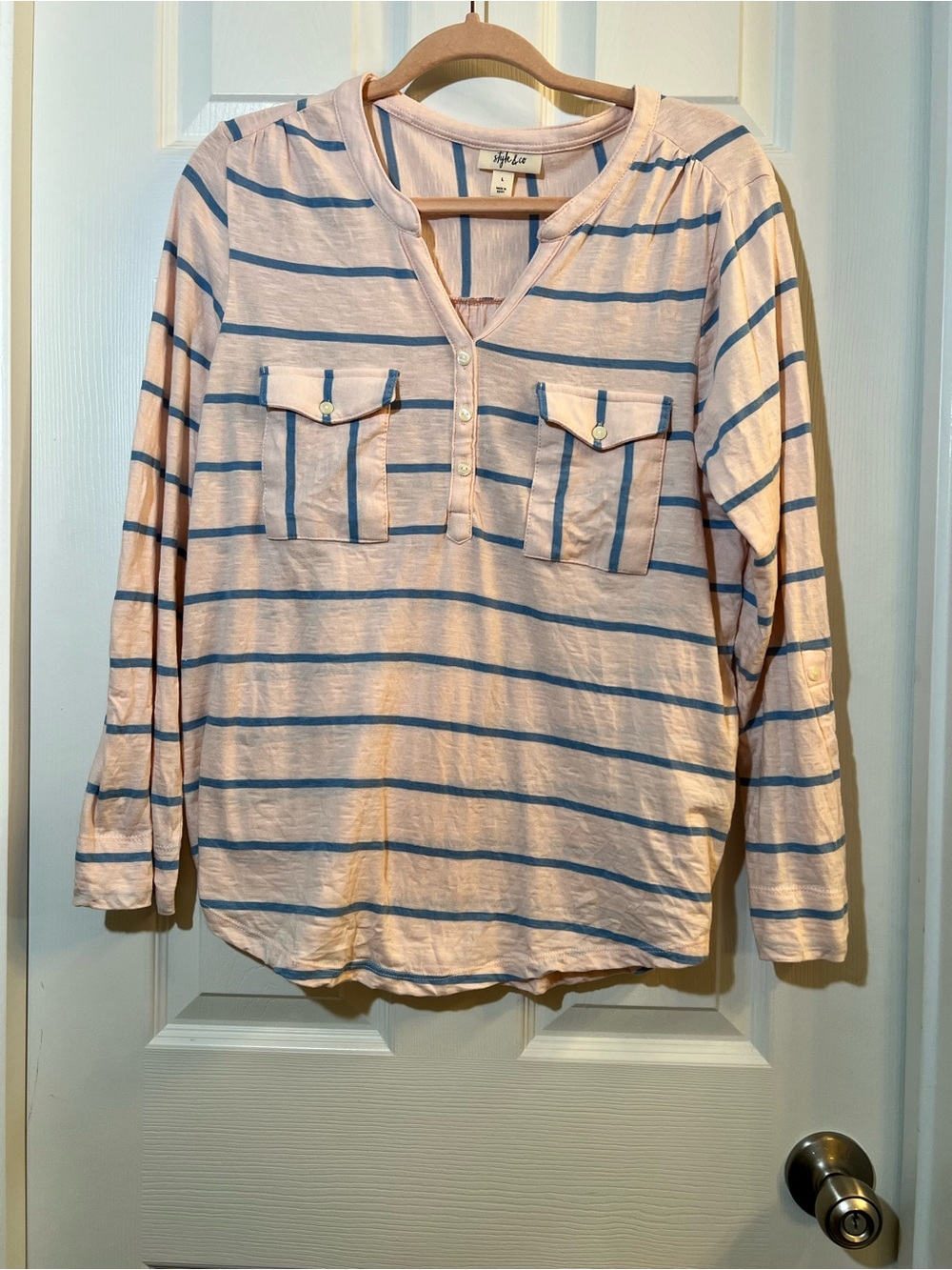 🦋 Style & Co. Pink & blue  Striped Long-Sleeve Henley size large